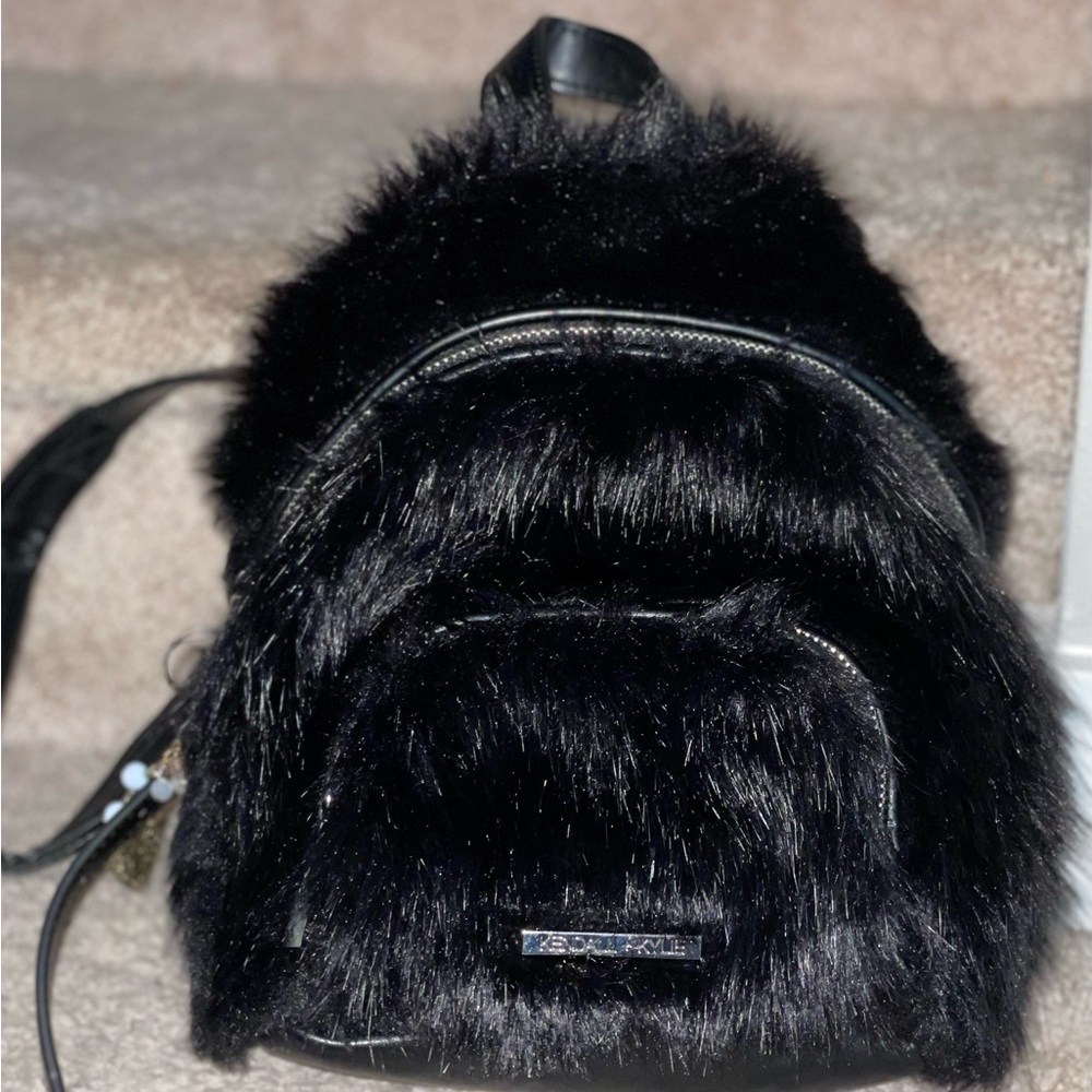 Kendall & Kylie Black Faux Fur Mini Backpack